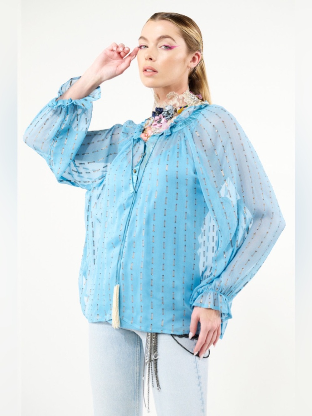 Aratta Maven Viscose Chiffon Blouse in Turquoise Blue Sz XL X-Large